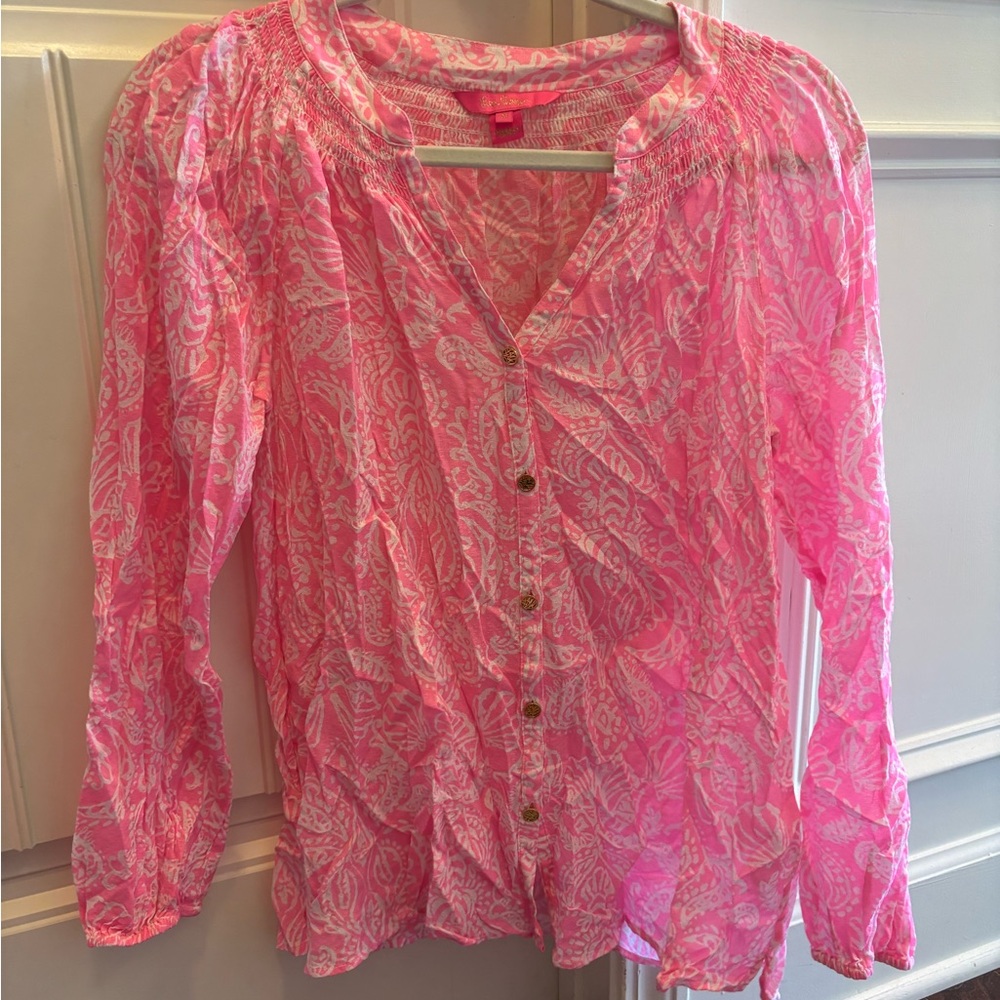 Lilly Pulitzer Elsa Top Havana Pink Button Front Long Sleeve - size M